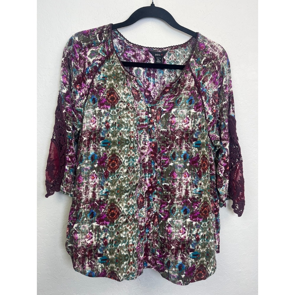 Intro Blouse Women Petite Large Burgundy Floral Crochet Lace 3/4 Sleeve Tunic